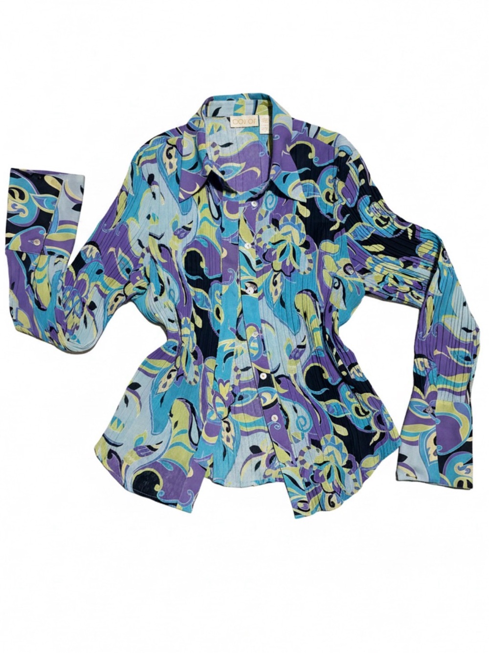 Y2K Plissé Colorful Swirl Button-Up Shirt in Purple, Teal & Black